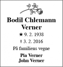 Dødsannoncen for Bodil Chlemann Verner - Rødovre