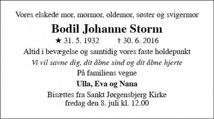 Dødsannoncen for Bodil Johanne Storm - København N