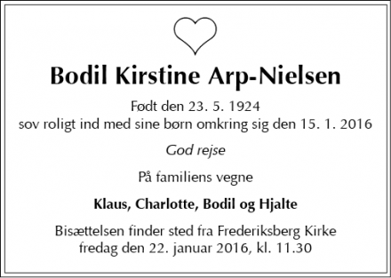 Dødsannoncen for Bodil Kirstine Arp-Nielsen - Frederiksberg