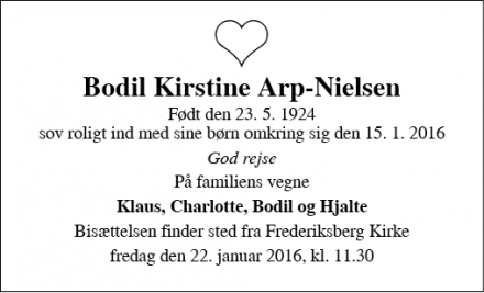 Dødsannoncen for Bodil Kirstine Arp-Nielsen - Frederiksberg