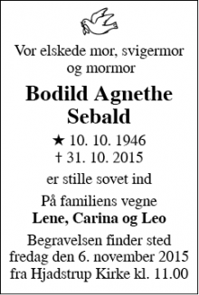 Dødsannoncen for Bodil Agnethe Sebald - Hjadstrup