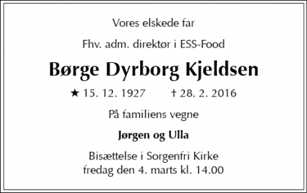 Dødsannoncen for Børge Dyrborg Kjeldsen - Lyngby