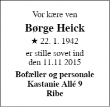 Dødsannoncen for Børge Heick - Ribe
