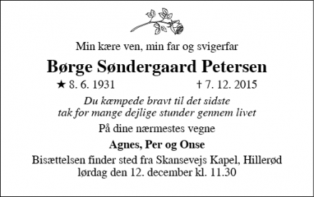 Dødsannoncen for Børge Søndergaard Petersen - 3400 Hillerød