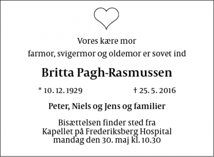 Dødsannoncen for Britta Pagh-Rasmussen - København/Frederiksberg