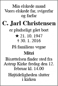 Dødsannoncen for C. Jarl Christensen - Odder