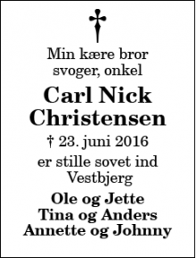 Dødsannoncen for Carl Nick Christensen - Vestbjerg