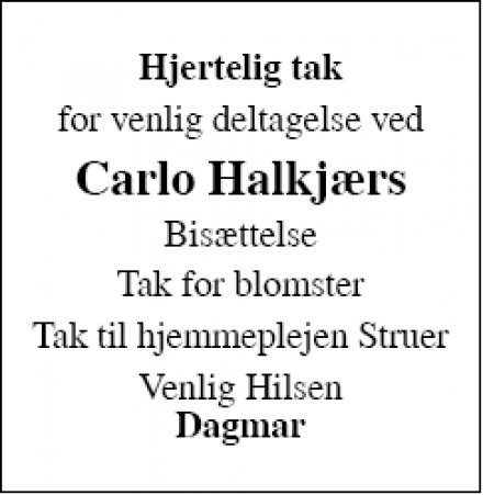 Dødsannoncen for Carlo Halkjær - Struer