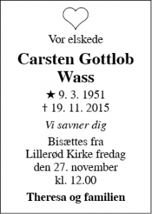 Dødsannoncen for Carsten Gottlob Wass - Allerød