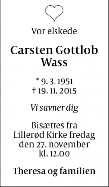 Dødsannoncen for Carsten Gottlob Wass - Allerød