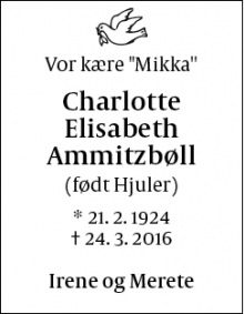 Dødsannoncen for Charlotte Elisabeth Ammitzbøll - Gentofte