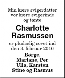 Dødsannoncen for Charlotte Rasmussen - Sakskøbing