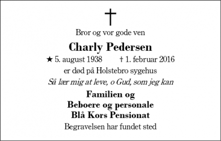 Dødsannoncen for Charly Pedersen - Herning