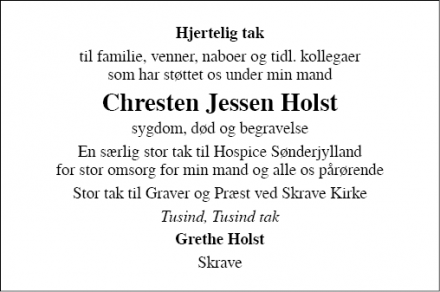 Dødsannoncen for Chresten Jessen Holst - Skrave  Vejen kommune