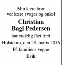 Dødsannoncen for Christian Bagi Pedersen - Tjele