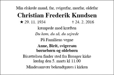 Dødsannoncen for Christian Frederik Knudsen - Gråsten