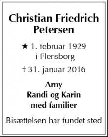 Dødsannoncen for Christian Friedrich Petersen - Slangerup