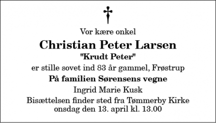 Dødsannoncen for Christian Peter Larsen - Frøstrup 