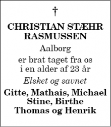 Dødsannoncen for Christian Stæhr Rasmussen - Aalborg