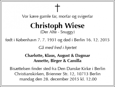 Dødsannoncen for Christoph Wiese - Berlin