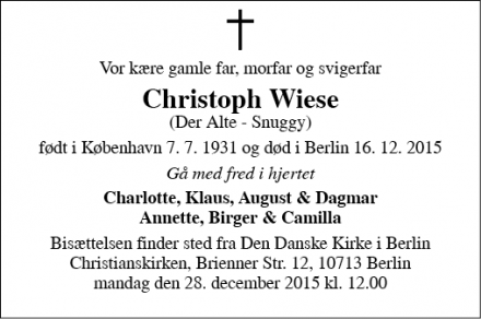 Dødsannoncen for Christoph Wiese - Berlin