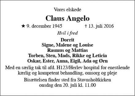 Dødsannoncen for Claus Angelo - Farum