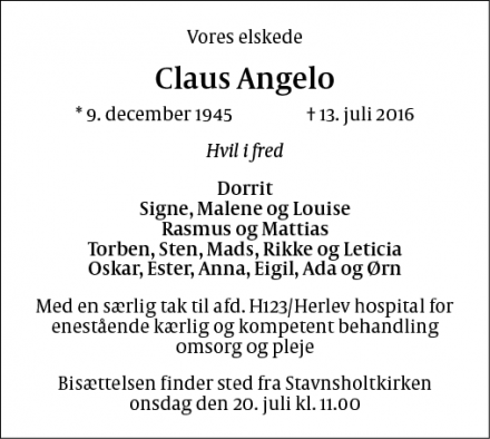 Dødsannoncen for Claus Angelo - Farum