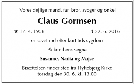 Dødsannoncen for Claus Gormsen - Vanløse