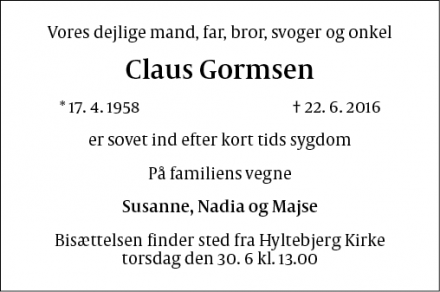 Dødsannoncen for Claus Gormsen - Vanløse