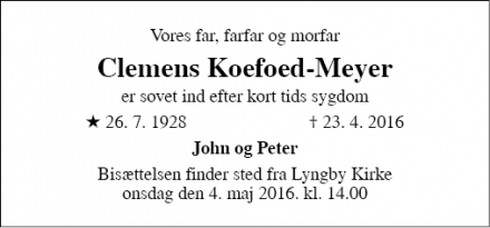 Dødsannoncen for Clemens Koefoed-Meyer - Lyngby