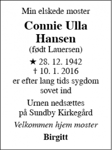 Dødsannoncen for Connie Ulla Hansen - Kastrup