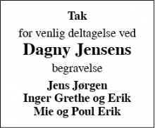 Dødsannoncen for Dagny Jensen - Horsens