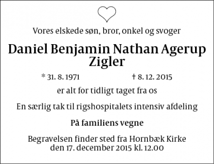 Dødsannoncen for Daniel Benjamin Nathan Agerup Zigler - København N