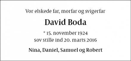 Dødsannoncen for David Boda - 3500 Værløse