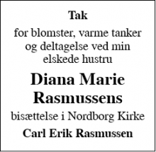 Dødsannoncen for Diana Marie Rasmussen - nordborg