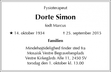 Dødsannoncen for Dorte Simon - Gentofte