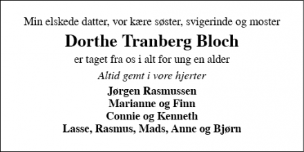 Dødsannoncen for Dorthe Tranberg Bloch - Kolding