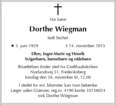 Dødsannoncen for Dorthe Wiegman - Frederiksberg