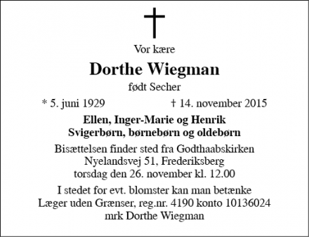 Dødsannoncen for Dorthe Wiegman - Frederiksberg