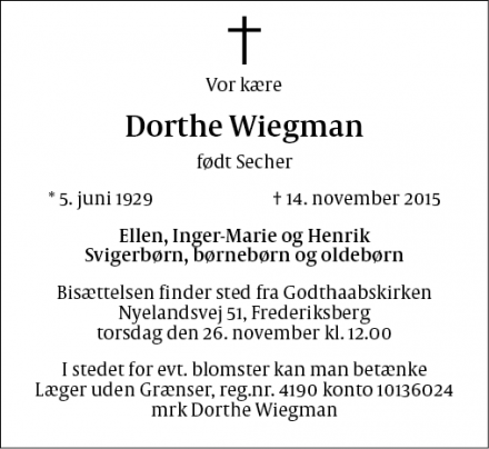 Dødsannoncen for Dorthe Wiegman - Frederiksberg