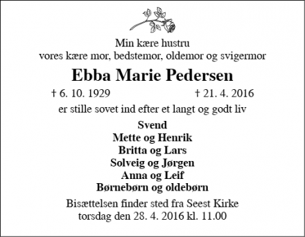 Dødsannoncen for Ebba Marie Pedersen - Kolding