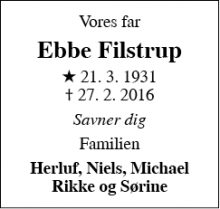 Dødsannoncen for Ebbe Filstrup - 5200 Odense V