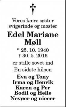 Dødsannoncen for Edel Mariane Møll - Hjøring