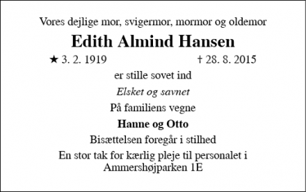 Dødsannoncen for Edith Almind Hansen - Roskilde