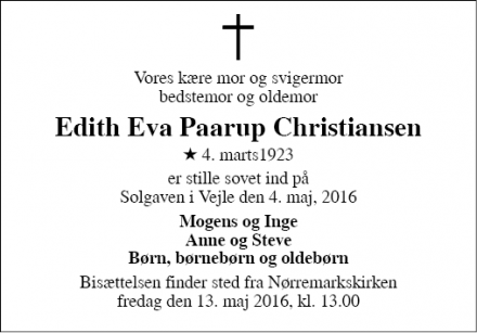 Dødsannoncen for Edith Eva Paarup Christiansen - Vejle