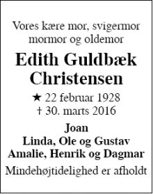 Dødsannoncen for Edith Guldbæk Christensen - Århus