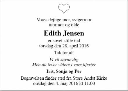 Dødsannoncen for Edith Jensen - Store Andst