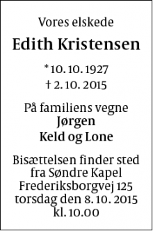 Dødsannoncen for Edith Kristensen - Søborg