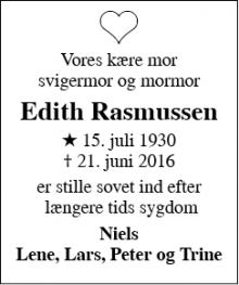 Dødsannoncen for Edith Rasmussen - Ry