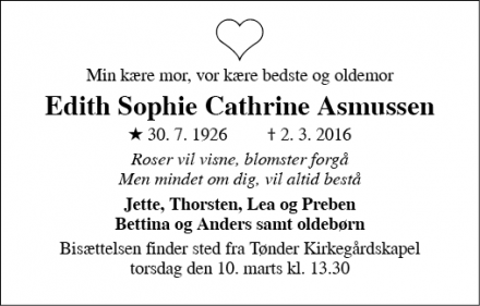 Dødsannoncen for Edith Sophie Cathrine Asmussen - Tønder